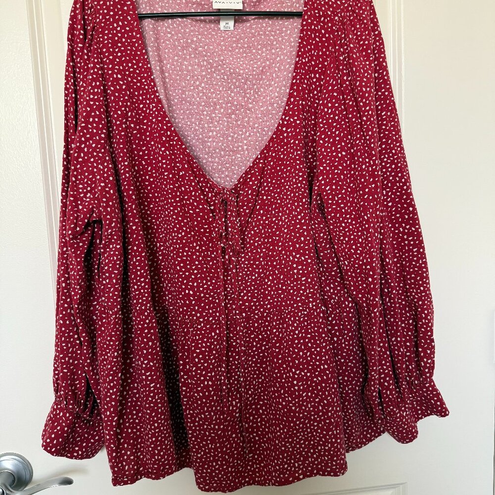 Ava & Viv Red Print Peasant Blouse – Size 3X – Flowy Boho Tunic Top